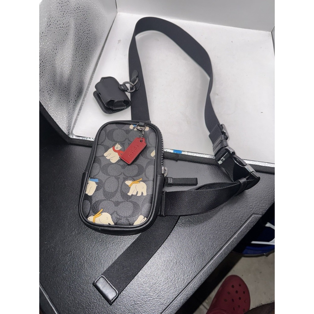 Coach Multifunction Phone Pack Earbud Case Polar Bear Logo Crossbody Charcoal